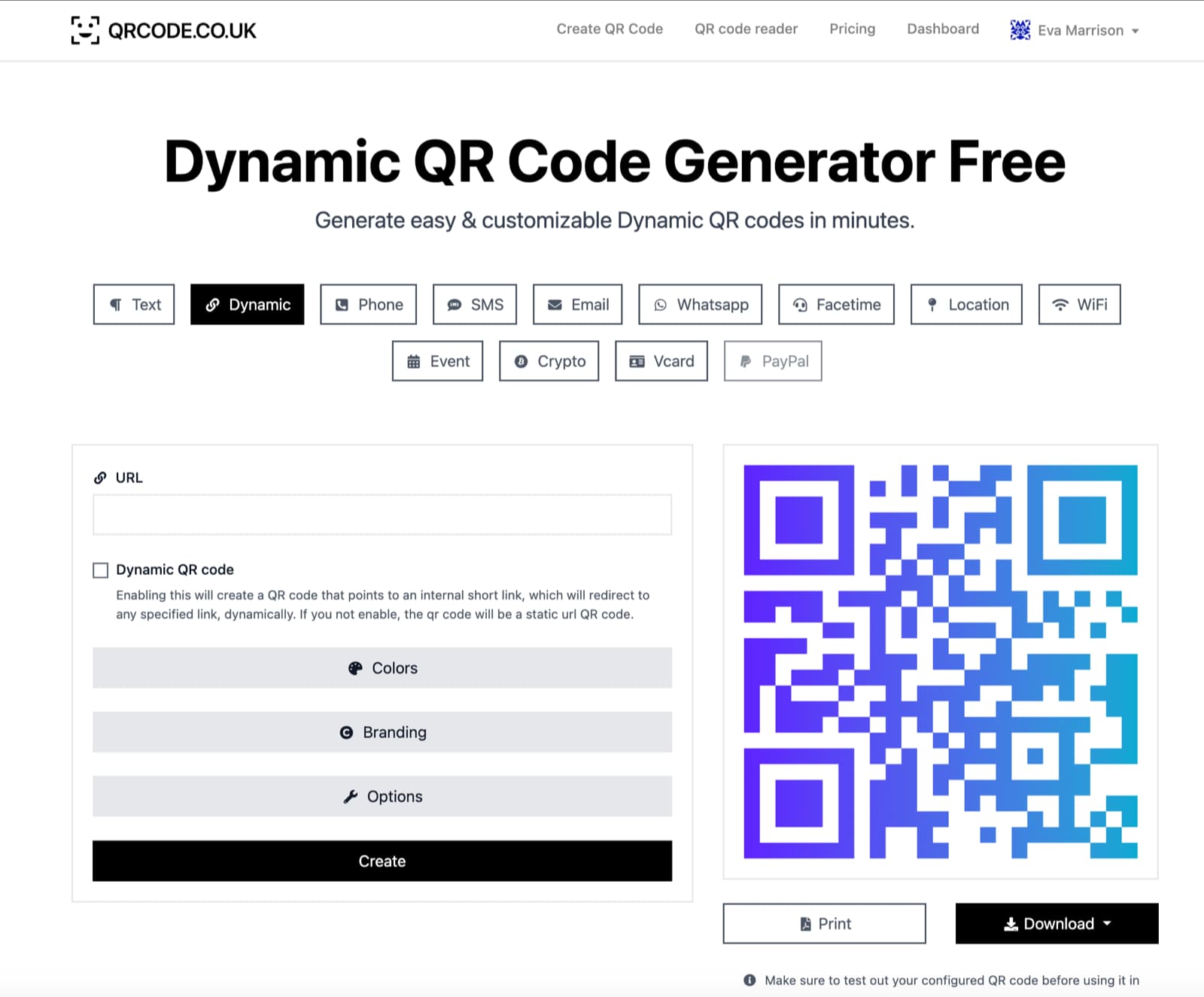 creating dynamic qr code with qrcodeco.uk