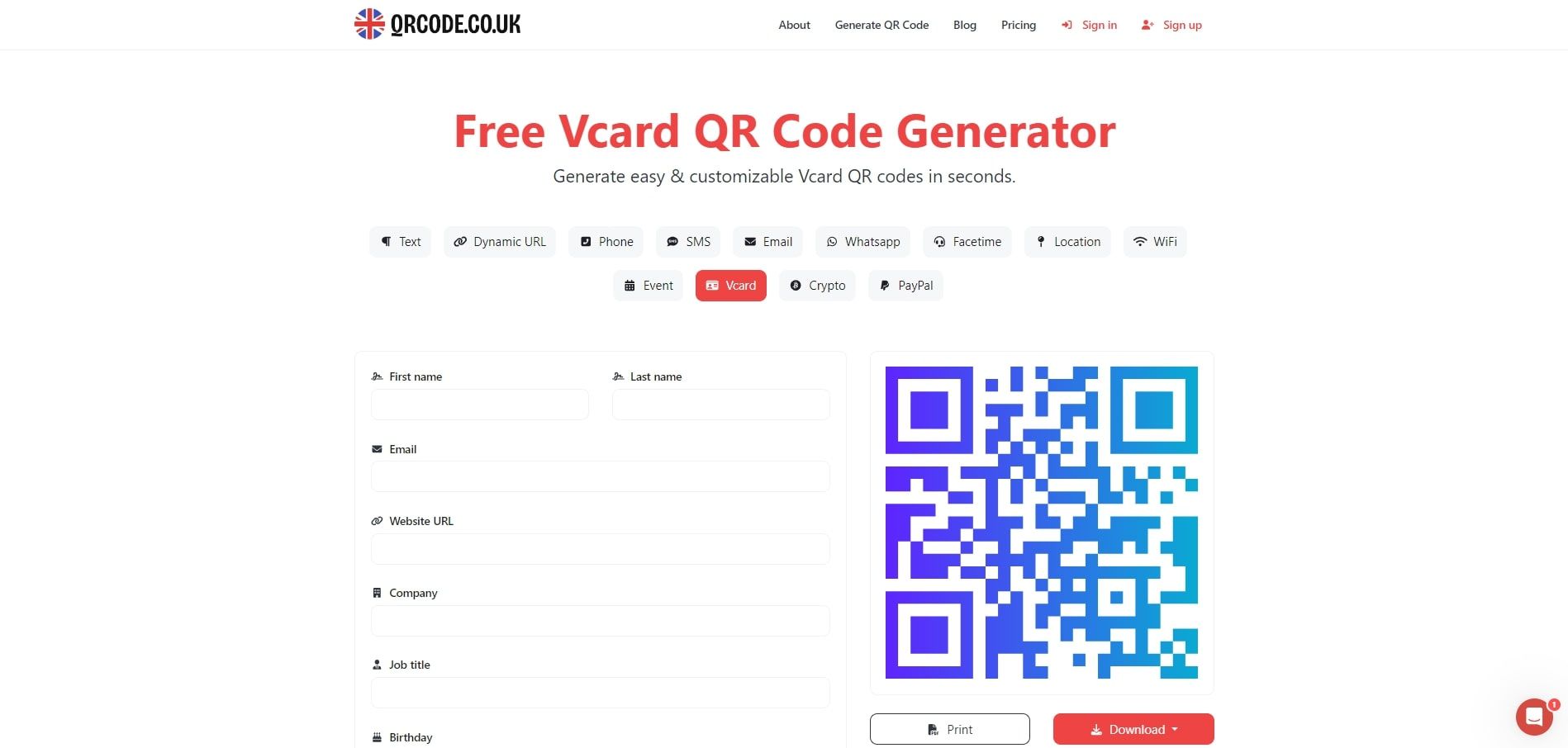 Free Vcard QR Code Generator