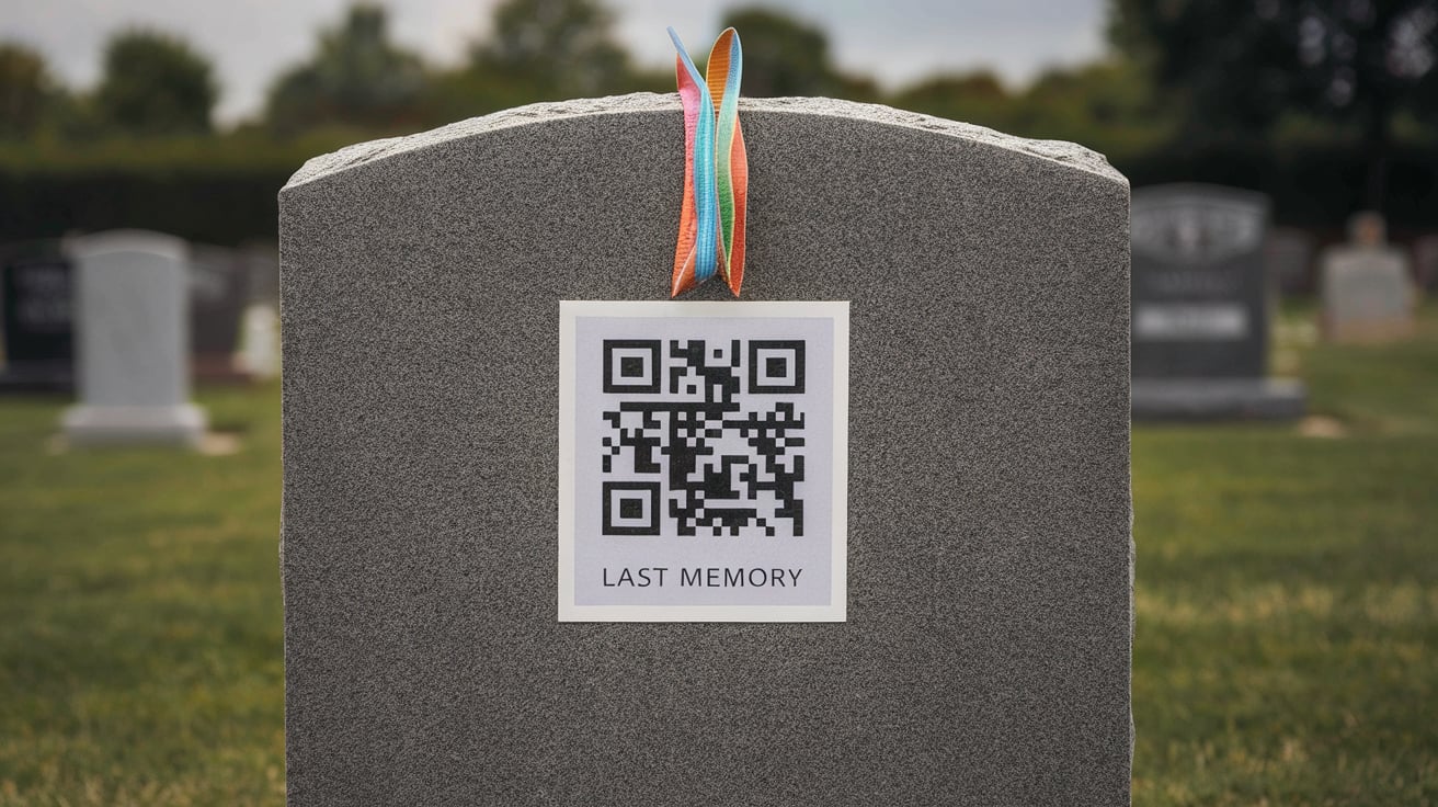 A headstone with a Last Memory QR code attached