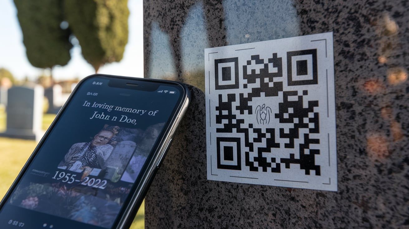 A smartphone screen displaying a digital memorial, the smartphone is scanning a QR code affixed to a gravestone