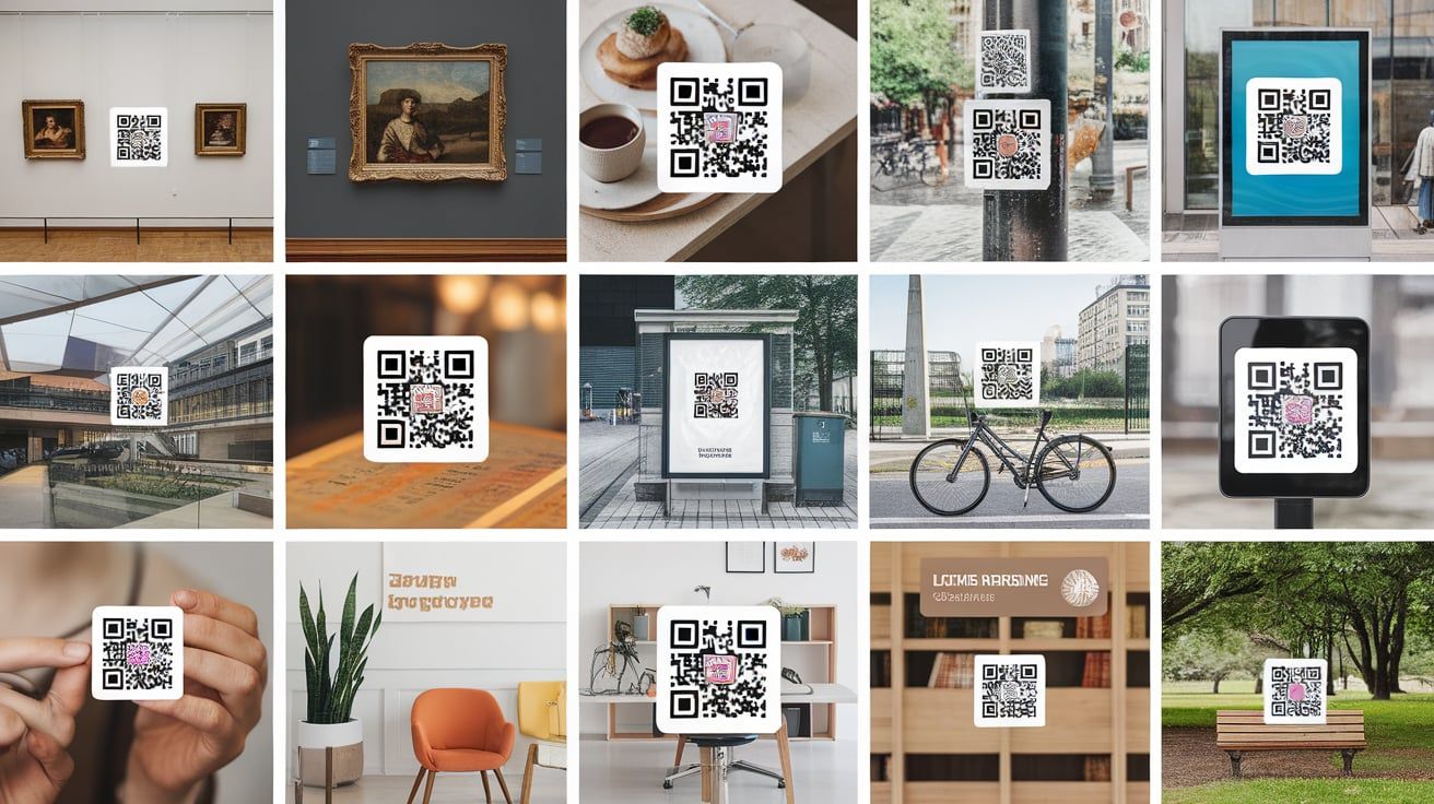 Collage of QR codes being used in different settings