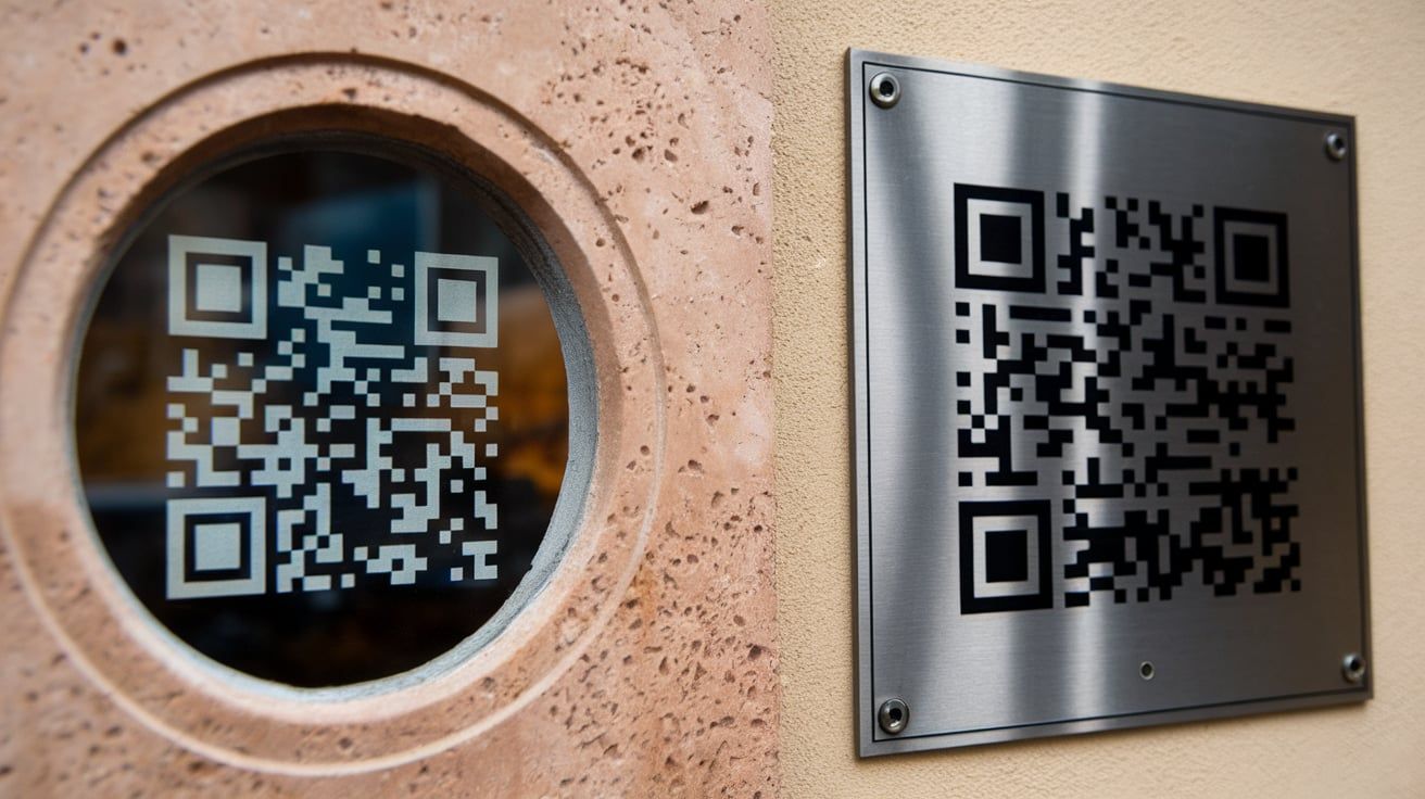 Comparison photos of QR codes applied both by etching and by plaque