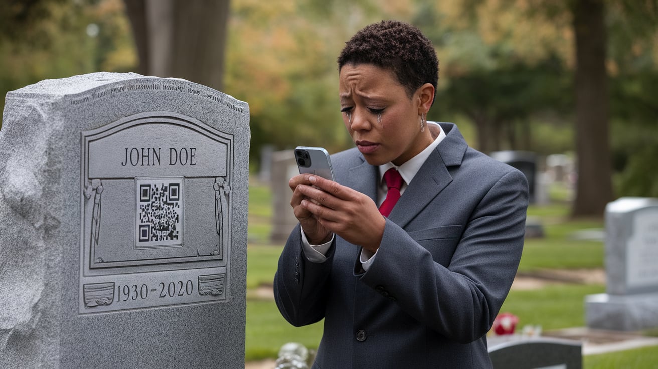 person scanning the QR code on a gravestone and becoming emotional while going through the digital memorial