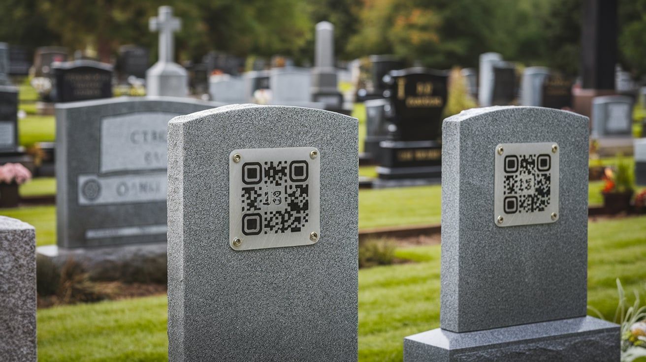 Photos depicting weather-resistant QR codes on gravestones