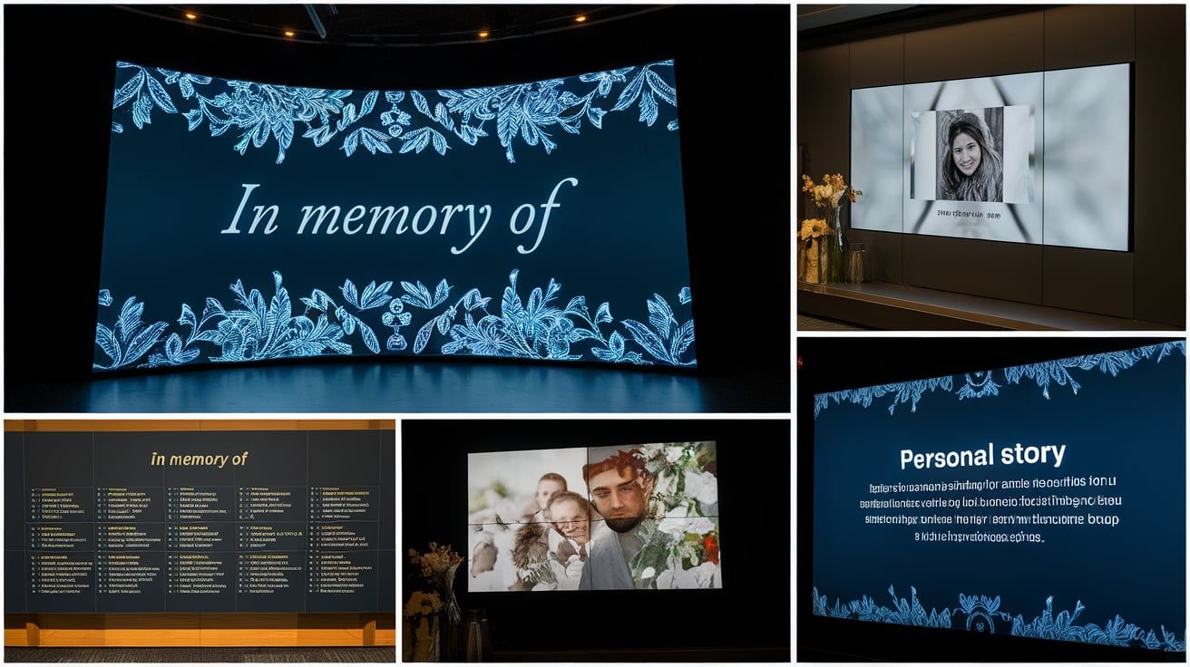 different parts of a digital memorial - photo gallery, video clip, personal story