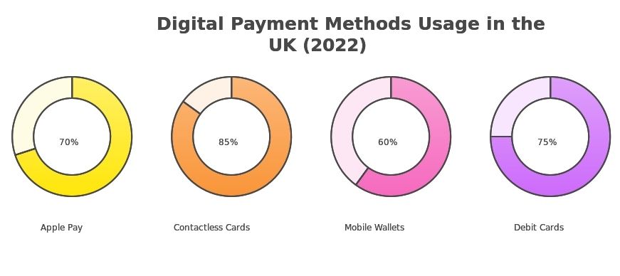 Infographic depicting the rise of digital payment methods in the UK in 2020, illustrating consumer behavior and technology trends.