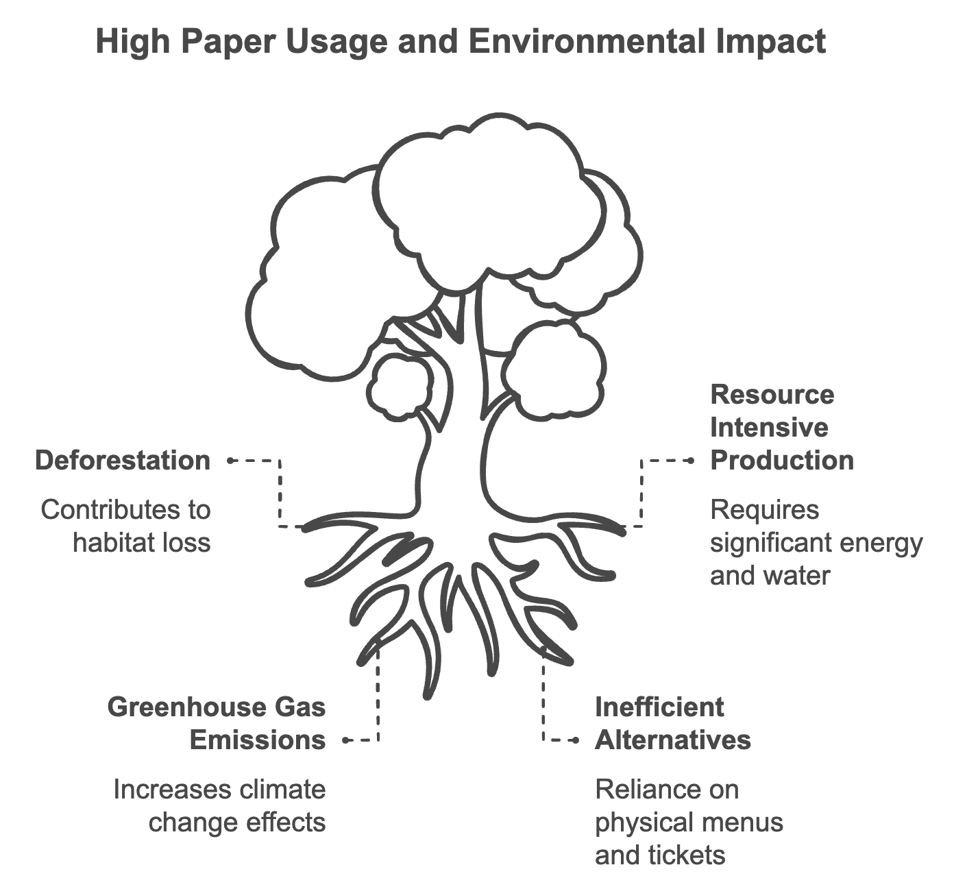 An image showcasing the relationship between high paper usage and its negative consequences for the environment.