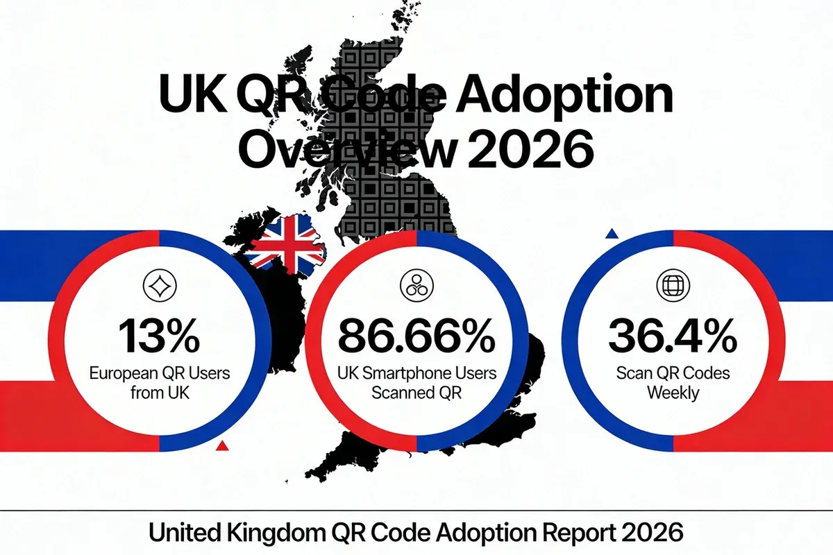 Infographic showing UK QR code adoption overview in 2026, with key statistics: 13% of European QR users from UK, 86.66% of UK smartphone users have scanned a QR code, and 36.4% scan weekly