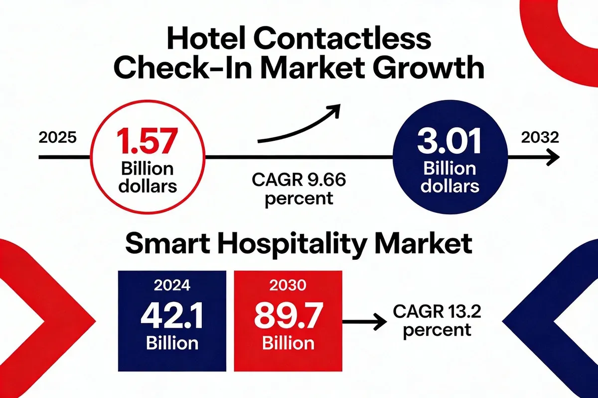 Infographic showing hotel contactless check-in market growth from $1.57 billion in 2025 to $3.01 billion by 2032 at 9.66% CAGR, plus smart hospitality market growing from $42.1 billion to $89.7 billion