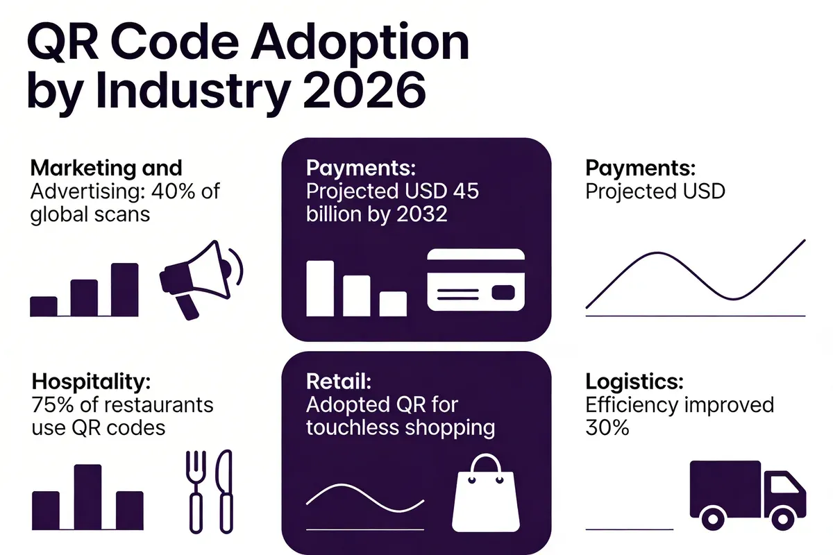 Infographic showing QR code adoption by industry in 2026 including marketing at 40 percent of global scans, payments market projected at USD 45 billion by 2032, hospitality at 75 percent restaurant adoption, and logistics efficiency improved 30 percent