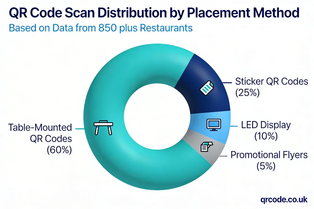 Infographic showing QR code scan distribution by placement method in restaurants: table-mounted 60%, sticker 25%, LED display 10%, promotional flyers 5%, based on data from 850+ restaurants