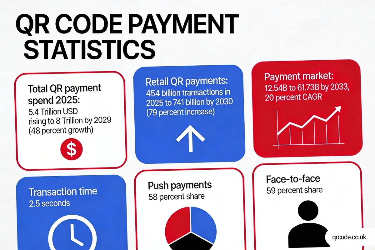 QR code payment statistics infographic showing total spend growing from 5.4 trillion dollars in 2025 to 8 trillion by 2029 and retail QR payments rising 79 percent