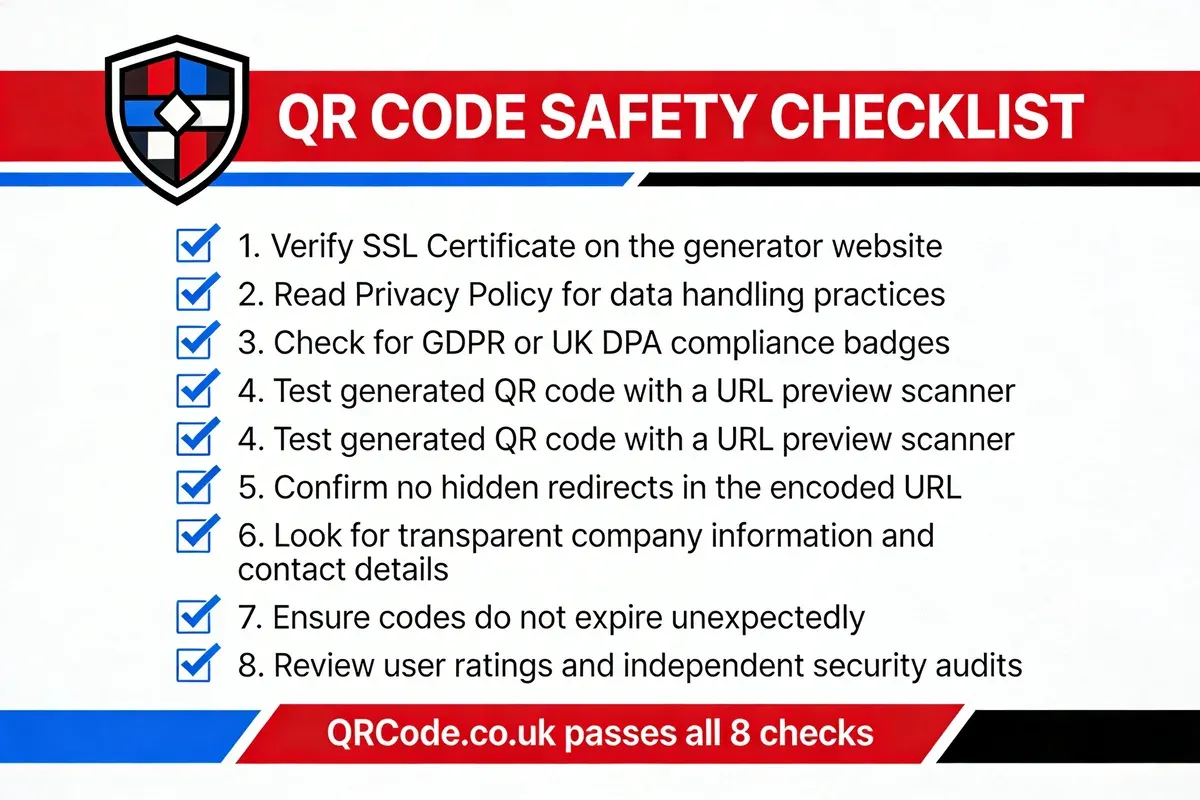 QR code safety checklist infographic with 8 verification steps: SSL certificate, privacy policy, GDPR compliance, URL preview scanning, redirect checking, company transparency, code expiration, and security audit reviews