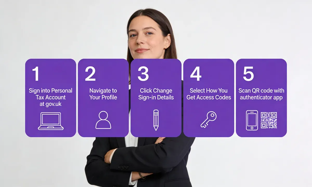 Infographic showing 5 steps to set up Government Gateway authenticator QR code on a new phone