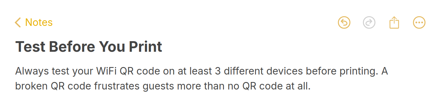 Tip note reminding hotel staff to test WiFi QR codes on three devices before printing
