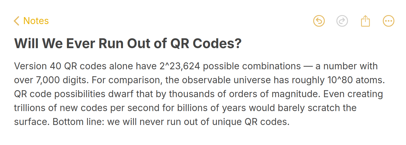 Key takeaway note explaining why we will never run out of QR codes, with Version 40 having 2^23,624 possible combinations