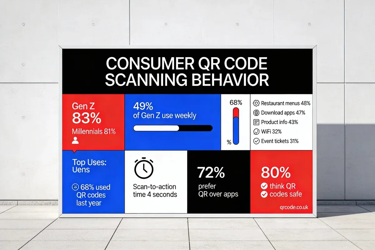 Consumer QR code scanning behaviour infographic showing Gen Z at 83 percent and Millennials at 81 percent as top users with restaurant menus at 48 percent as top use case