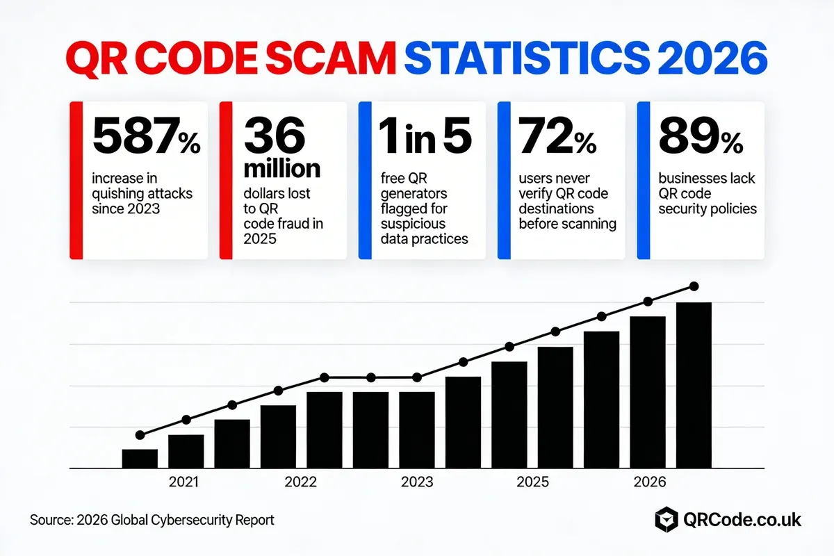 QR code scam statistics infographic for 2026 showing key data points: 587 percent increase in quishing attacks since 2023, 36 million dollars lost to QR code fraud, 1 in 5 free generators flagged for suspicious practices, and 72 percent of users never verify QR destinations