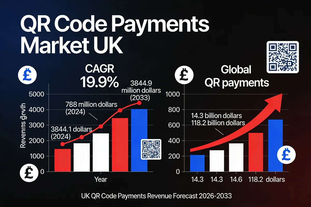 Infographic presenting UK QR code payments market data, showing revenue growth from $788M in 2024 to projected $3,844.9M by 2033 at 19.9% CAGR, with global QR payments growing from $14.3B to $118.2B