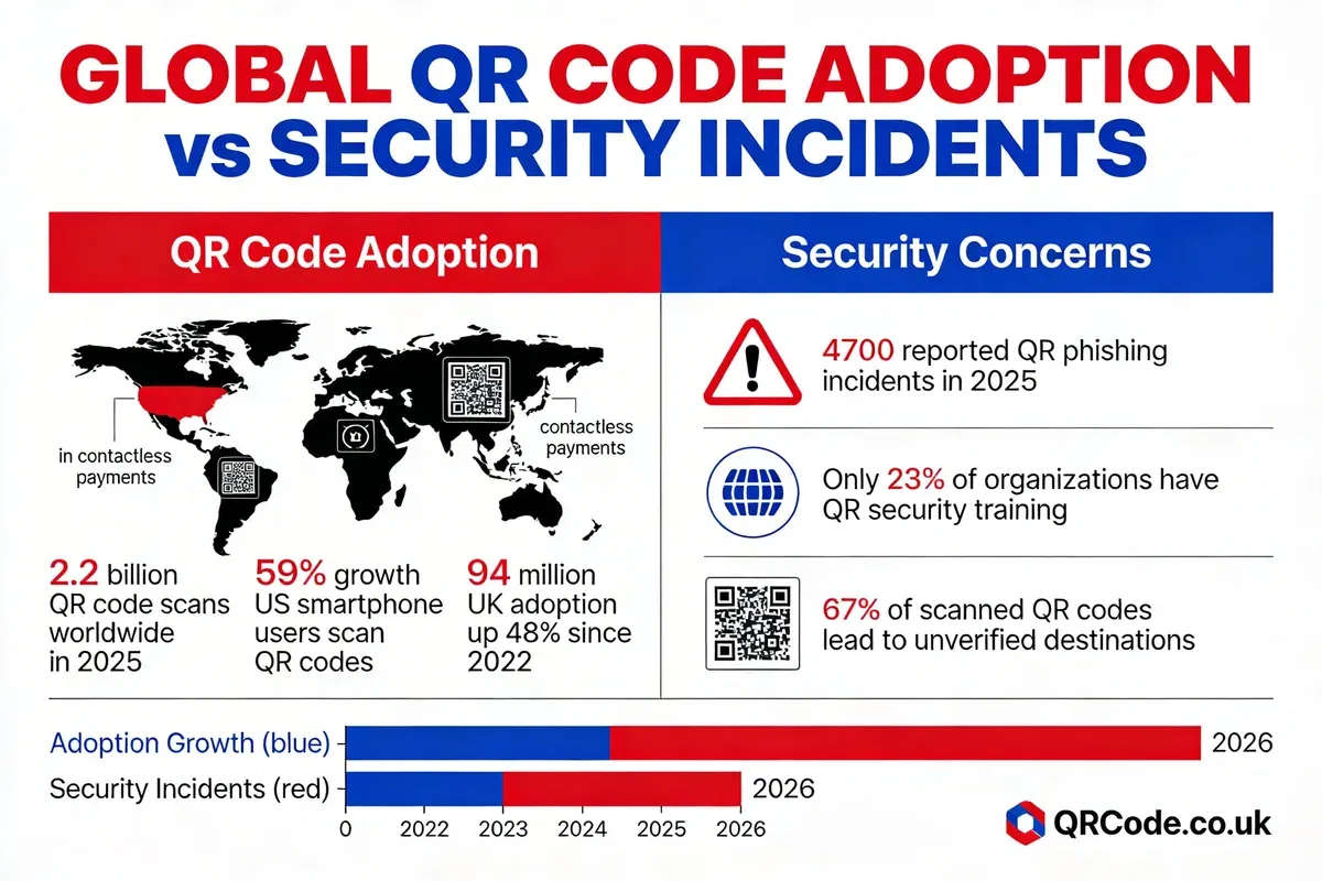 Infographic comparing global QR code adoption statistics with security incident data, showing 2.2 billion worldwide scans versus 4700 reported phishing incidents, with trend charts from 2022 to 2026