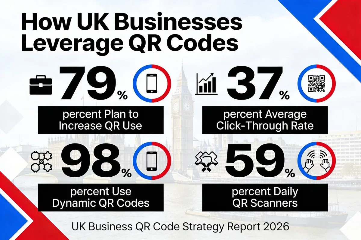 Infographic showing how UK businesses use QR codes in 2026, with key metrics: 79% plan to increase QR use, 37% average click-through rate, 98% use dynamic codes, and 59% are daily scanners