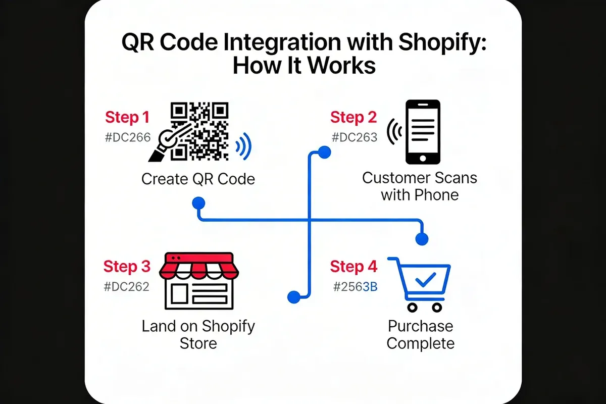Infographic showing QR code for Shopify integration flow from creation to purchase