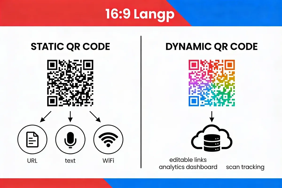 Side-by-side infographic comparing static QR codes with fixed data versus dynamic QR codes with editable links and scan tracking