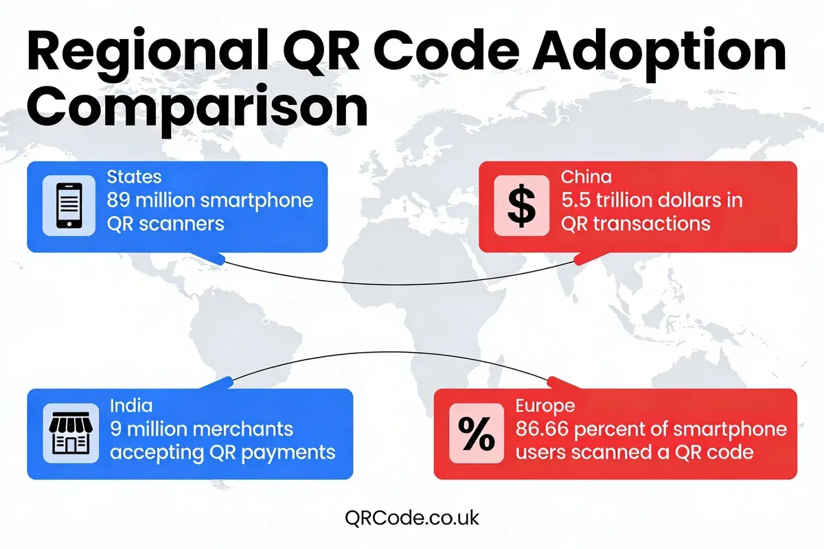 Infographic comparing regional QR code adoption showing United States with 89 million smartphone scanners and China with 5.5 trillion dollars in transactions and India with 9 million merchants and Europe with 86.66 percent user scan rate