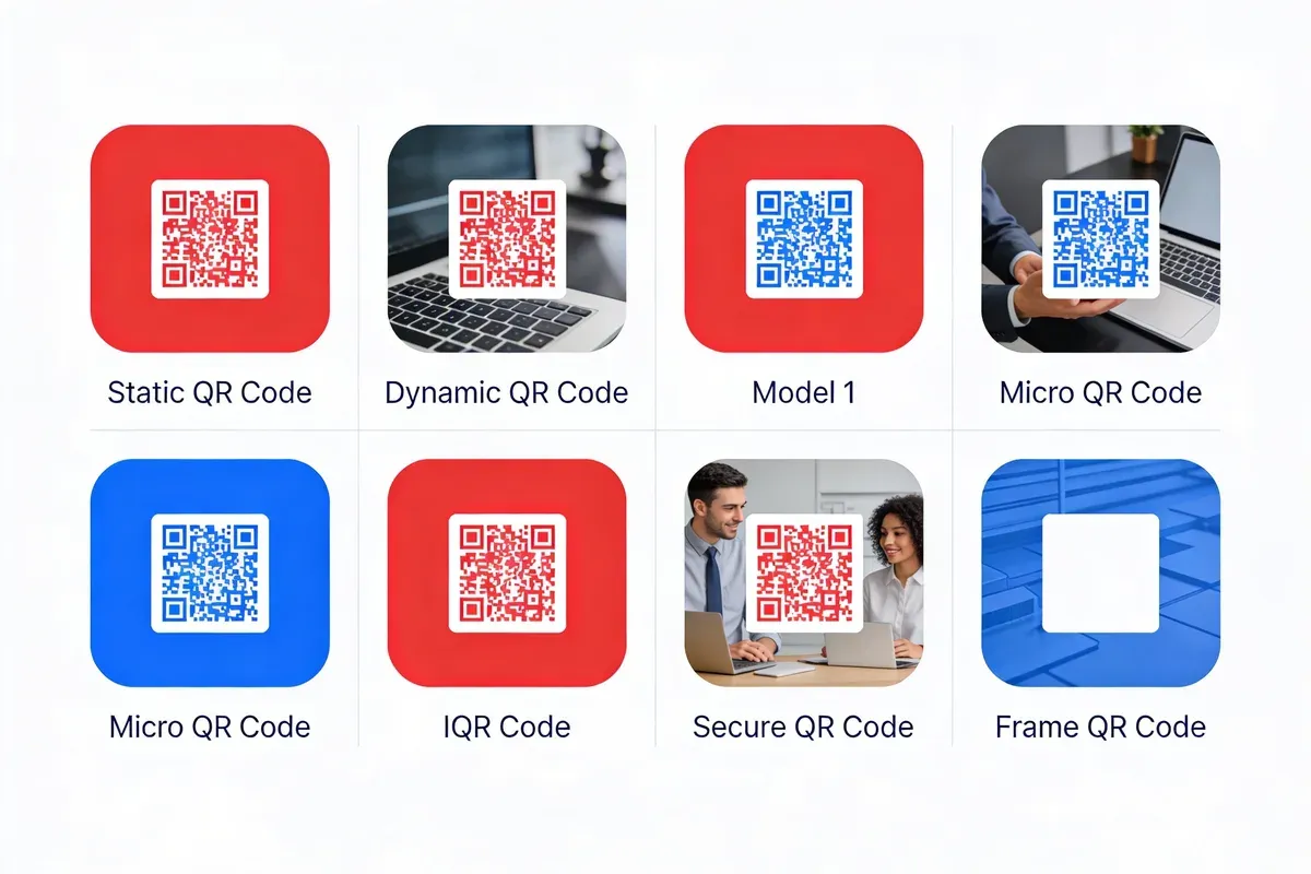 Visual guide showing 7 types of QR codes: Static, Dynamic, Model 1, Micro QR, IQR Code, Secure QR, and Frame QR with visual representations of each