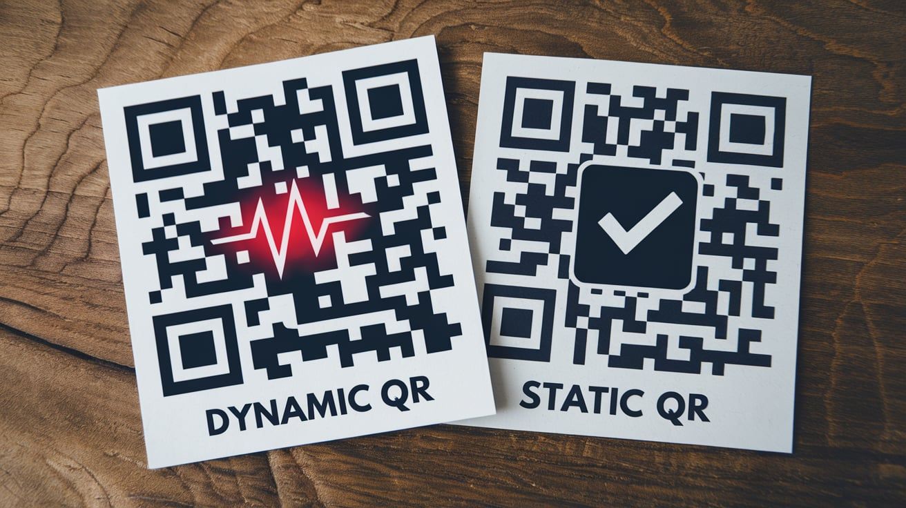 Comparison diagram showing static QR codes with fixed data versus dynamic QR codes with editable redirect URLs